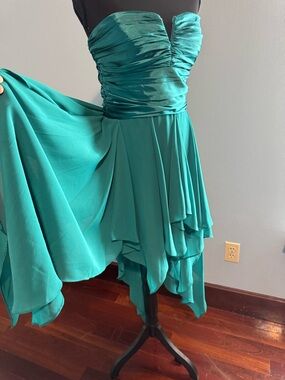 Reign Teal One-Shoulder Handkerchief Hem Dress